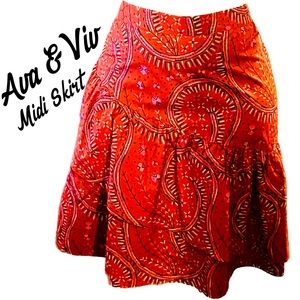 Ava & Viv Red Ruffle Tribal Print Midi Skirt